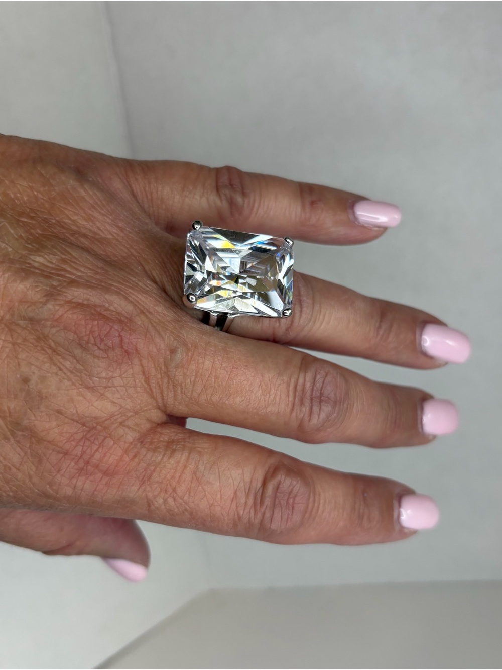 Silver-Tone Ring with Large Clear Emerald-Cut Stone